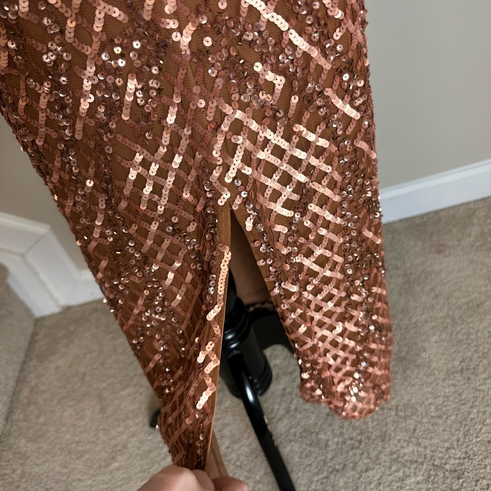 Mac Duggal Copper Brown Sequin Patterned Midi Dre… - image 9